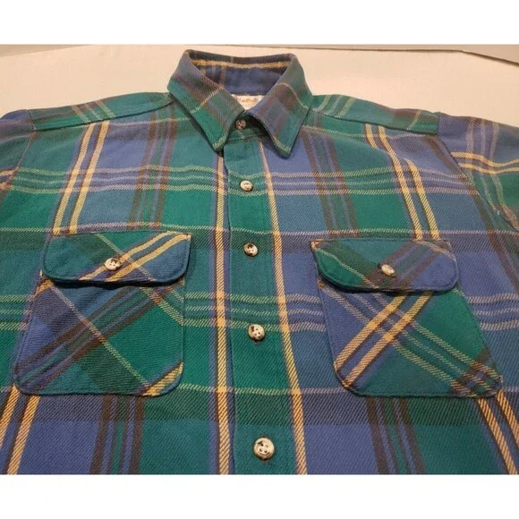 Cabelas Sidney Nebraska Vintage Heavy Flannel Plaid Snap Shirt Mens L GUC 80s - Picture 3 of 12